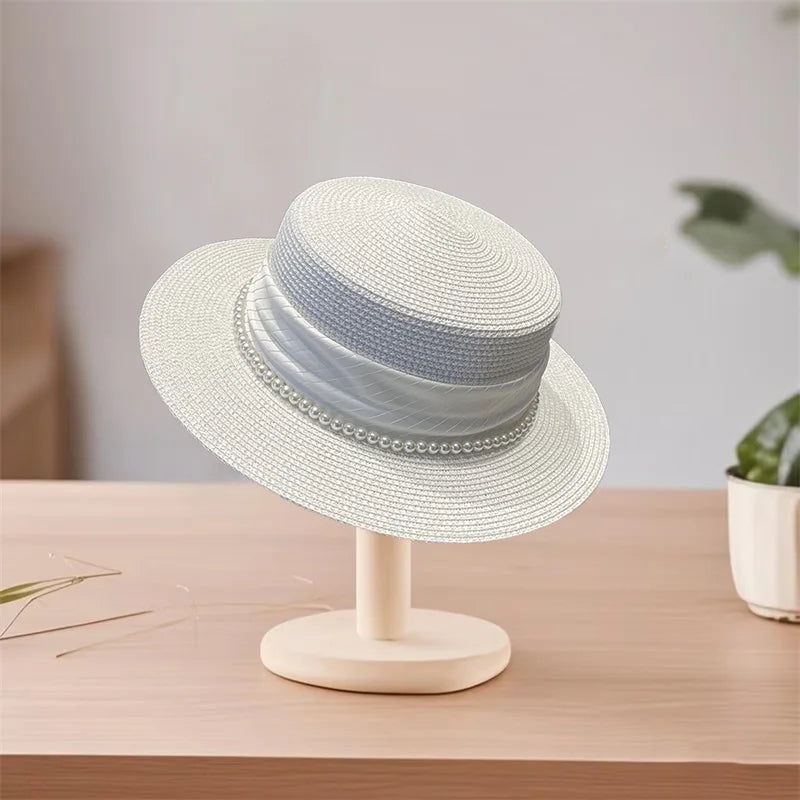 Elegant Women s Wide Brim Straw Hat with Pearl