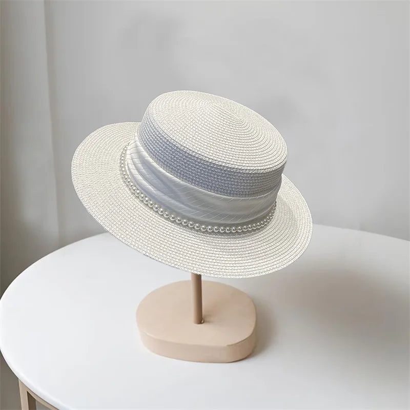 Elegant Women s Wide Brim Straw Hat with Pearl