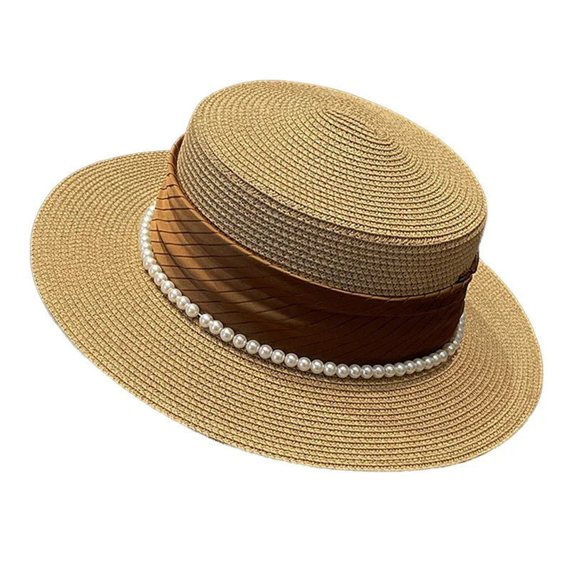 Elegant Women s Wide Brim Straw Hat with Pearl