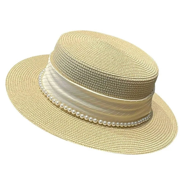 Elegant Women s Wide Brim Straw Hat with Pearl