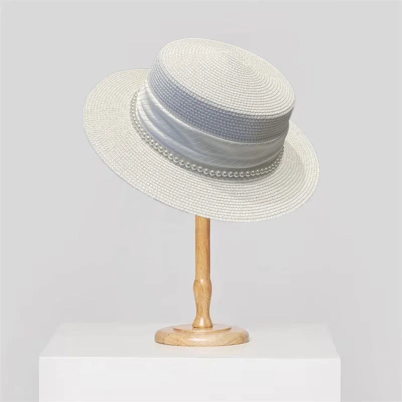 Elegant Women s Wide Brim Straw Hat with Pearl