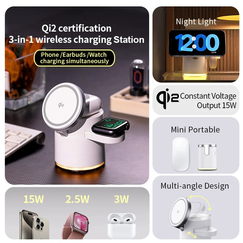 2025 New Qi2 Wireless Charger 3-in-1 Fast Charging