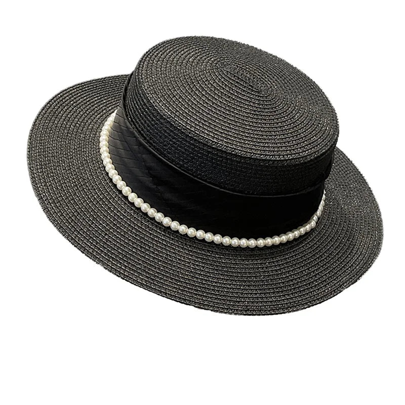 Elegant Women s Wide Brim Straw Hat with Pearl
