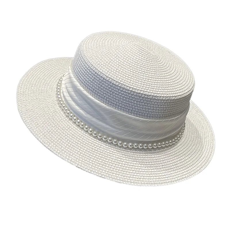 Elegant Women s Wide Brim Straw Hat with Pearl