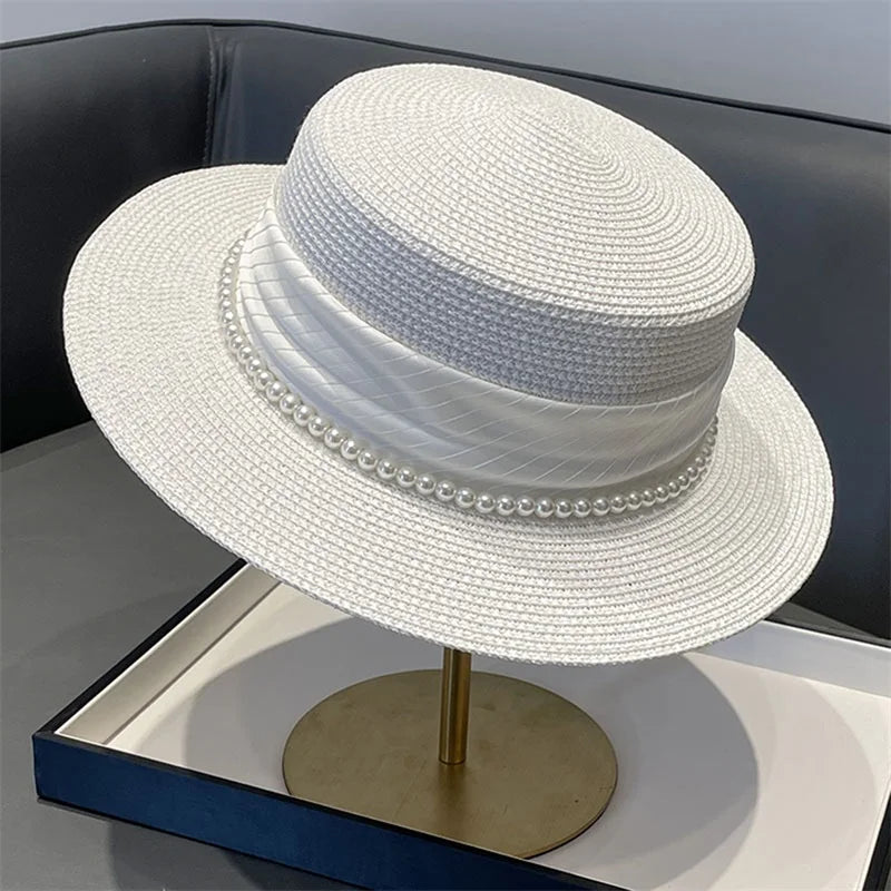 Elegant Women s Wide Brim Straw Hat with Pearl