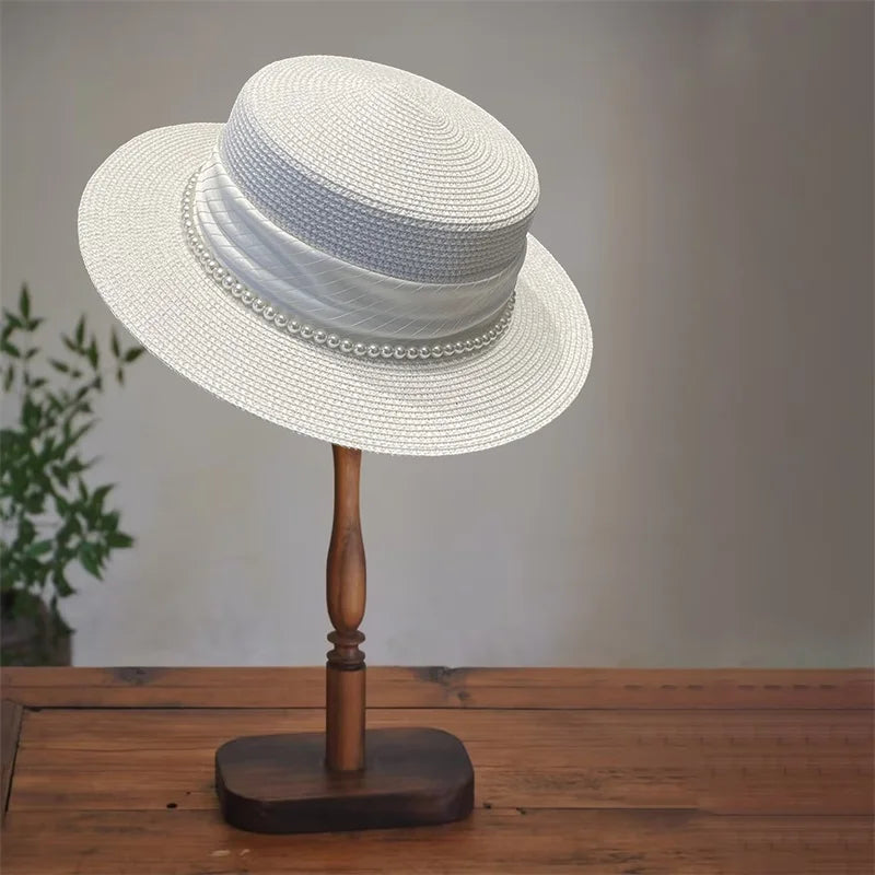 Elegant Women s Wide Brim Straw Hat with Pearl