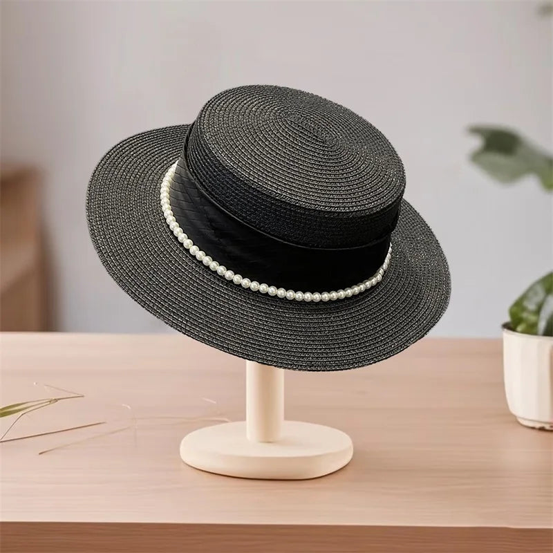 Elegant Women s Wide Brim Straw Hat with Pearl