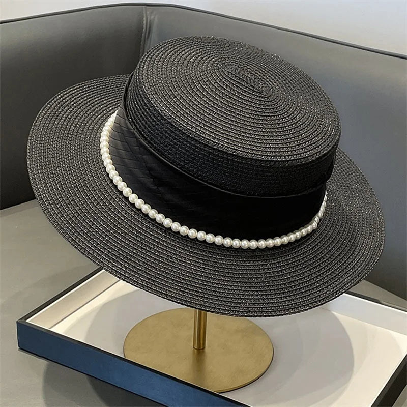 Elegant Women s Wide Brim Straw Hat with Pearl