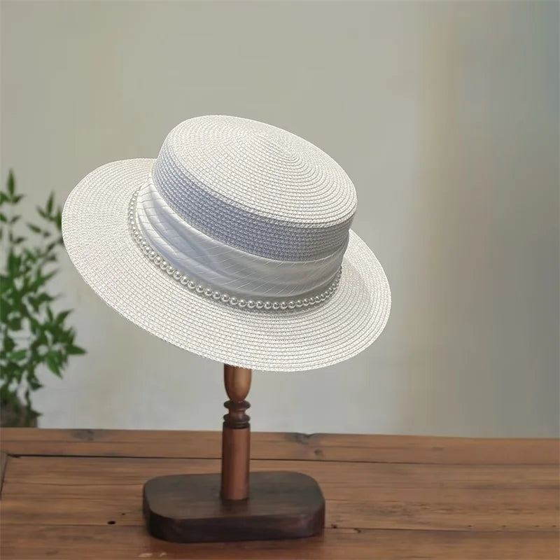 Elegant Women s Wide Brim Straw Hat with Pearl