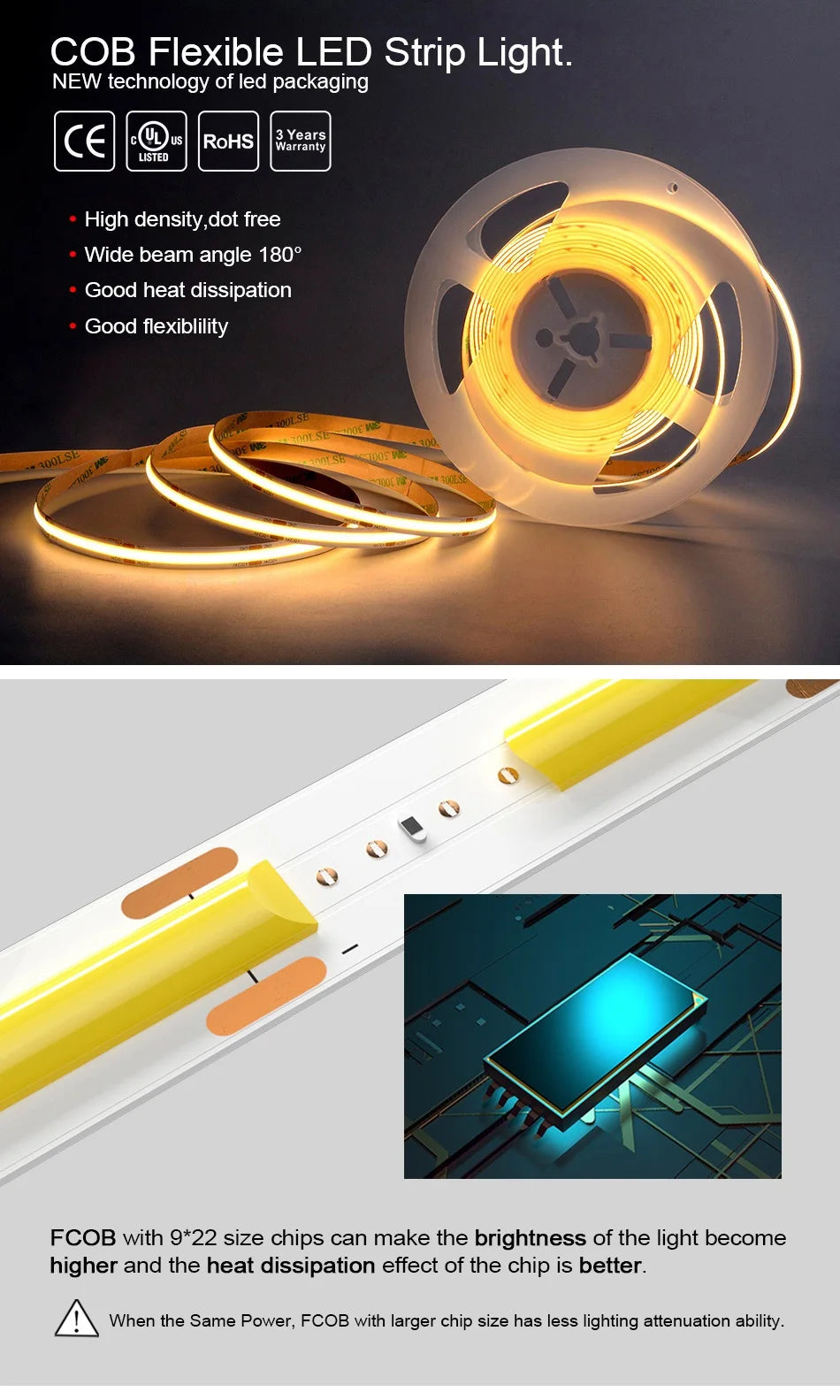 UL Listed COB LED Strip Light 320 480 LEDs/m
