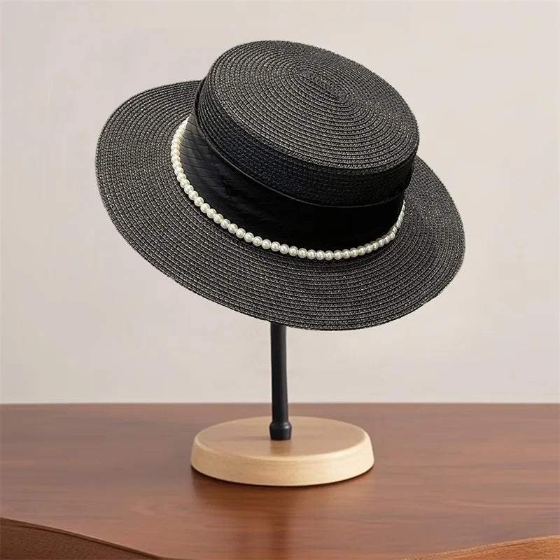 Elegant Women s Wide Brim Straw Hat with Pearl